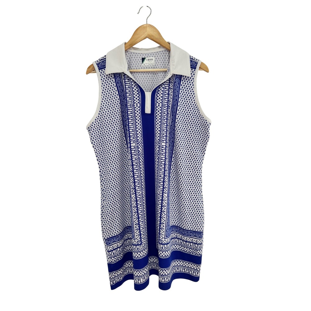 IZOD Golf Sleeveless Geometric Print Polo Dress Blue White XL Athleisure Active